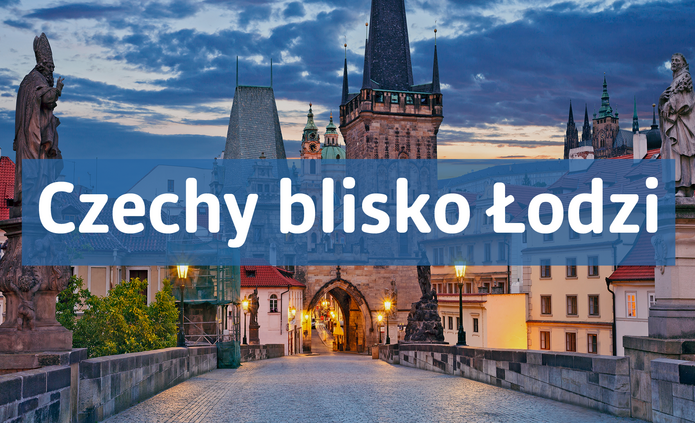 Na zdjęciu widać miasto, budynki i ulice. Na tle jest widoczny napis Czechy blisko Łodzi